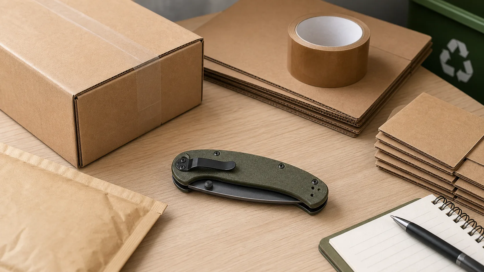 Closed compact folding utility knife on a mailroom bench with cardboard boxes and packing tape