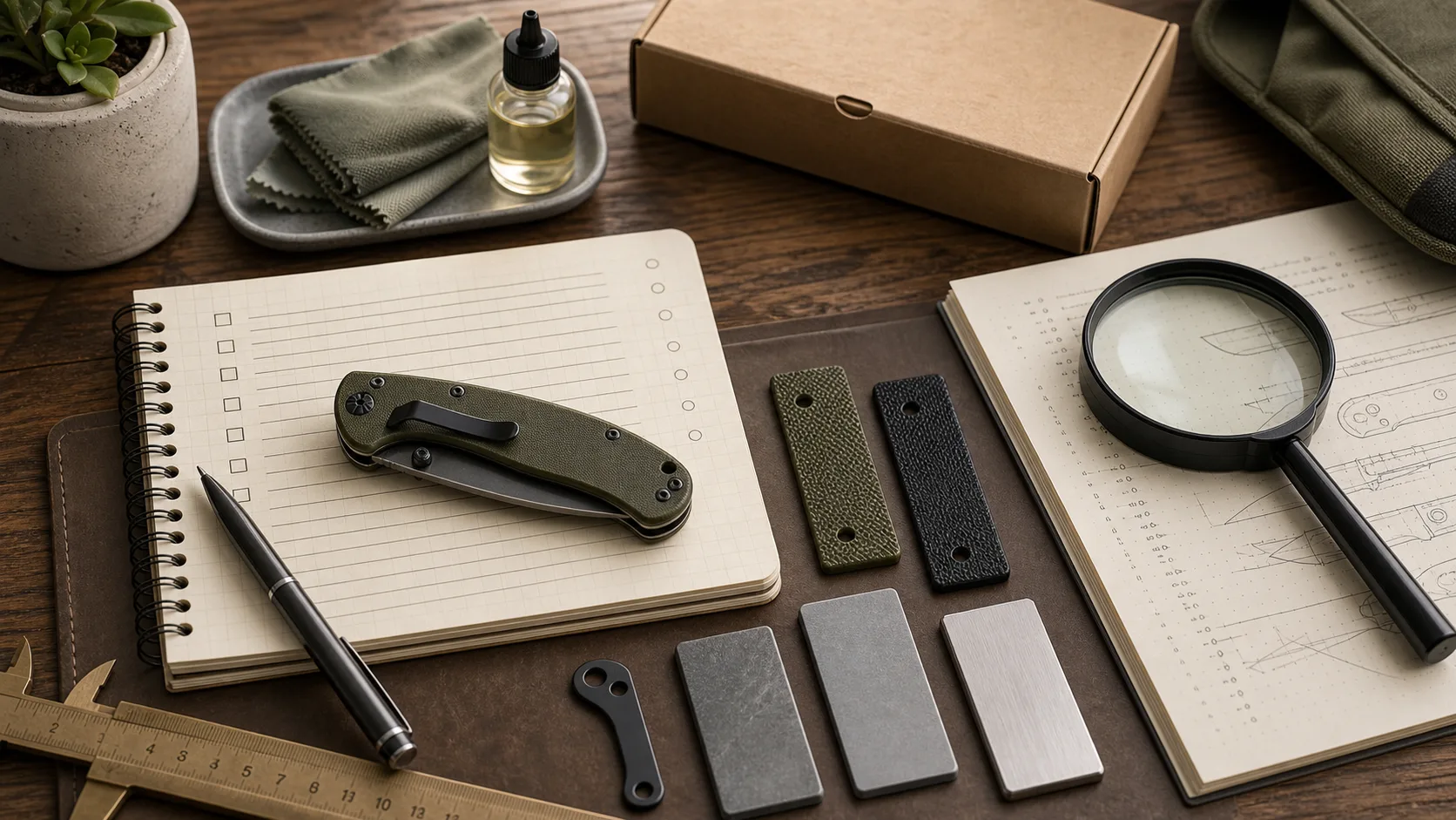 Taschenmesser-Kaufcheckliste mit Lineal, Griffmaterialmustern, Kartonmailer und geschlossenem Klappmesser