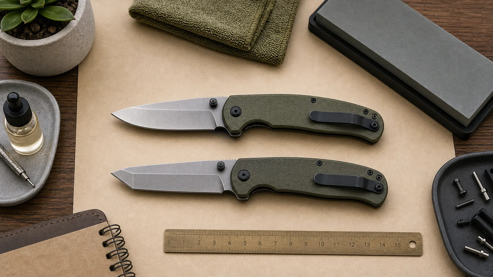 Drop point and tanto folding knife profiles laid flat with ruler and sharpening stone for a buying comparison