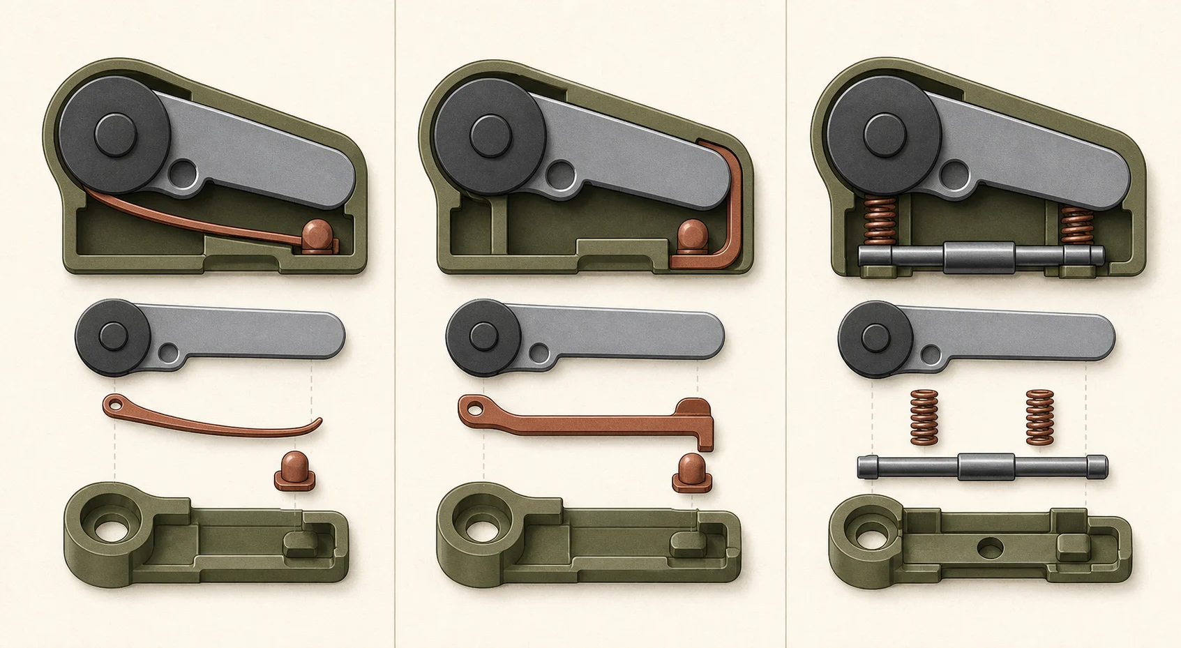 Cutaway comparison of liner, frame, and crossbar retention mechanisms around a folding-tool pivot