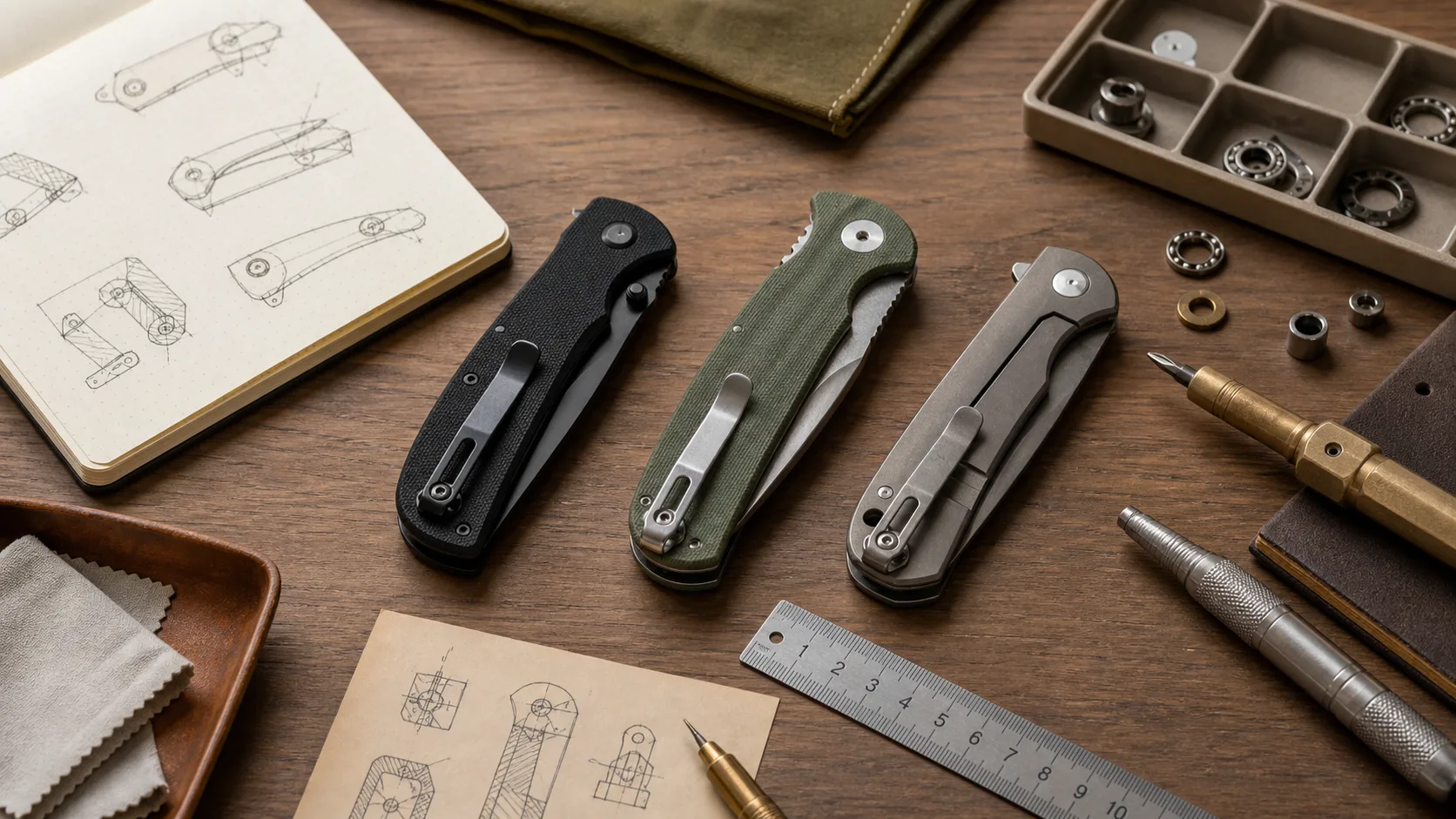 Closed folding utility knives with lock mechanism sketches, ruler, parts tray, and inspection tools on a workbench